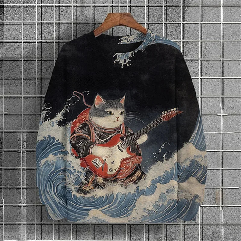 Japanese Ukiyo-e Pattern Sweatshirts For Men Sea Wave Ramen 3D Printed Pullover Autumn Oversized O-Neck Hoodies Long Sleeves