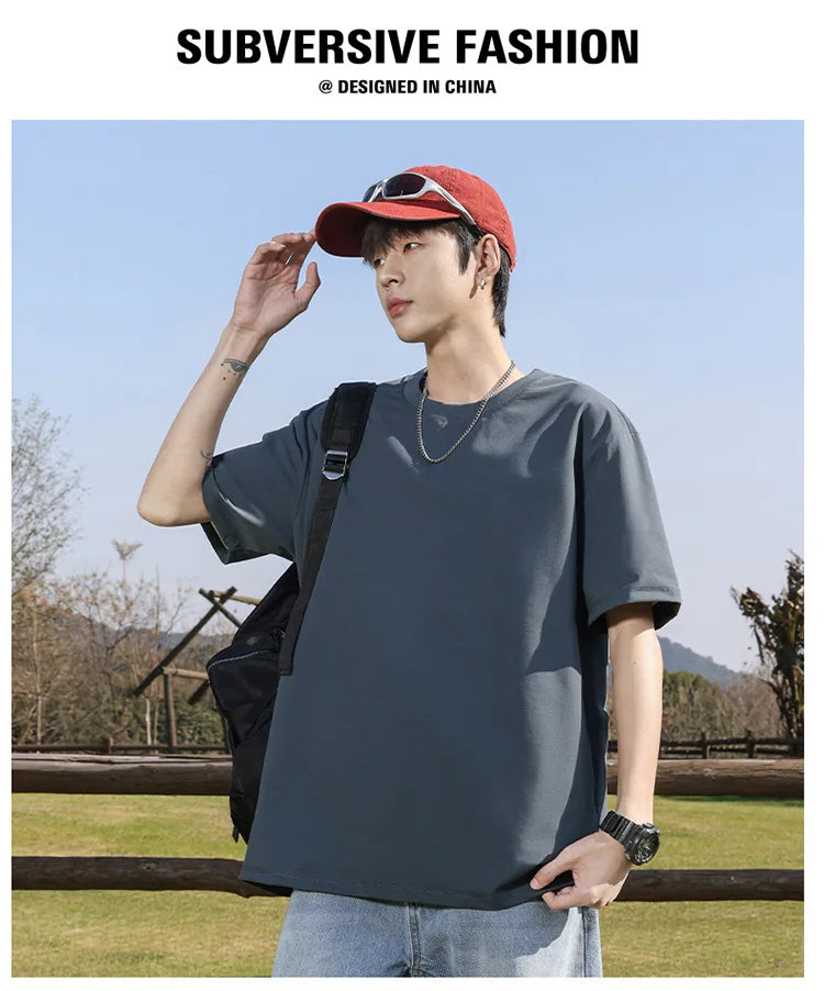 2026 New Unisex 200g Heavy Cotton T Shirt Full Shoulder Short Sleeve Loose Couple Summer Half Sleeve Basic Casual Streetwear Tee
