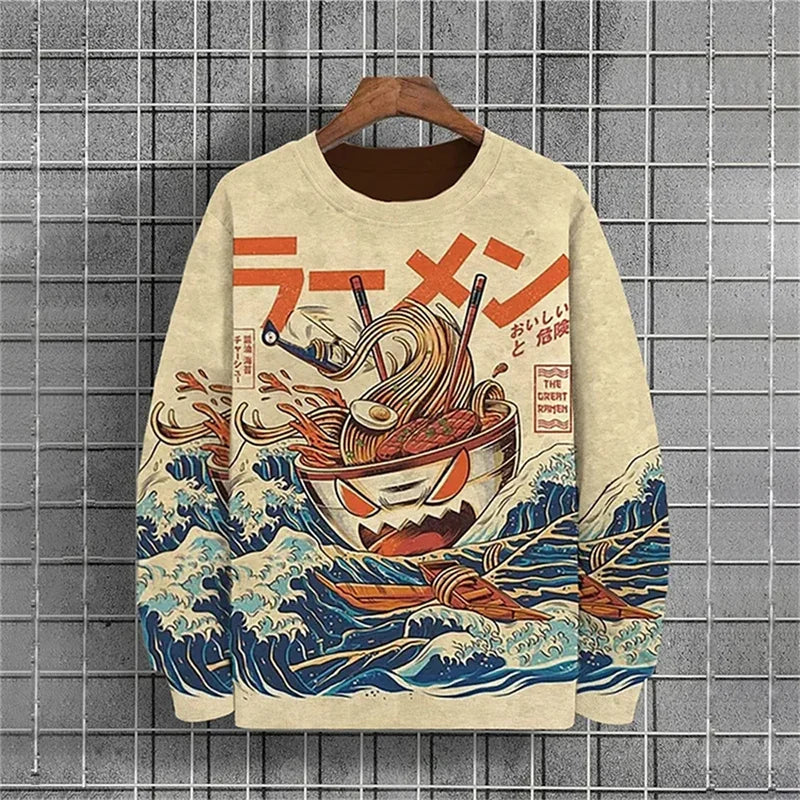 Japanese Ukiyo-e Pattern Sweatshirts For Men Sea Wave Ramen 3D Printed Pullover Autumn Oversized O-Neck Hoodies Long Sleeves