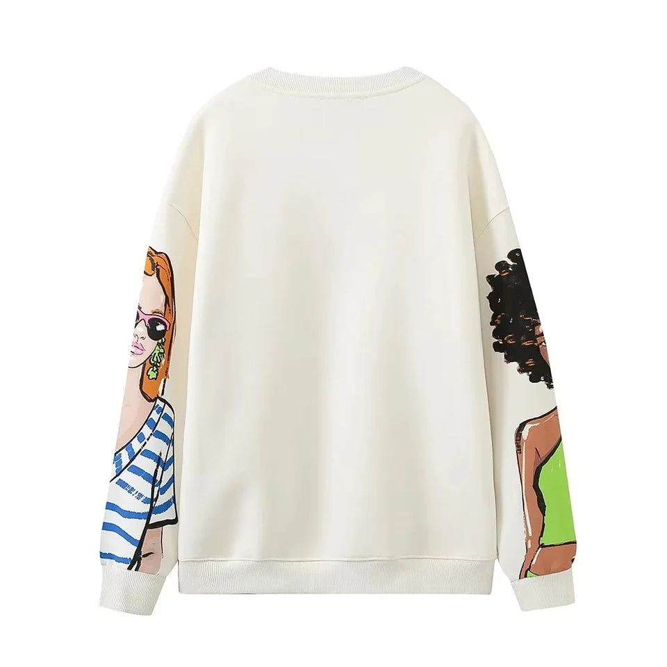 Sivatu TRAF Women Sweatshirts 2026 New Fashion Beauty Girls Print Casual Sweatshirts Female O Neck Hoodies Chic Pullovers Tops
