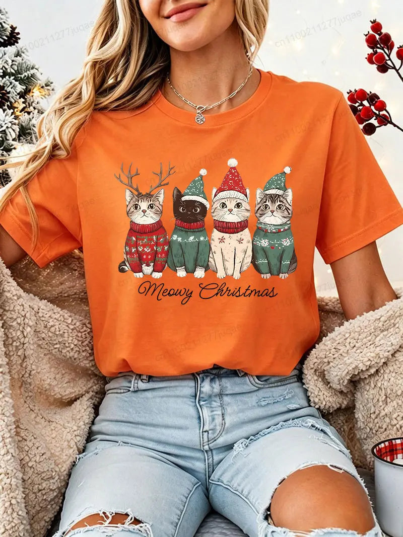 Women's Christmas Cat-Print T-Shirt