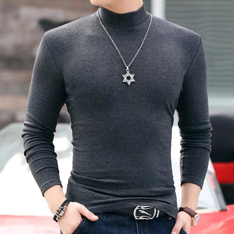 2025 Spring New Men's High Neck T-shirt Long Sleeve Slim Fit Solid Color High Elastic Bottom Pullover Basic Men's Top