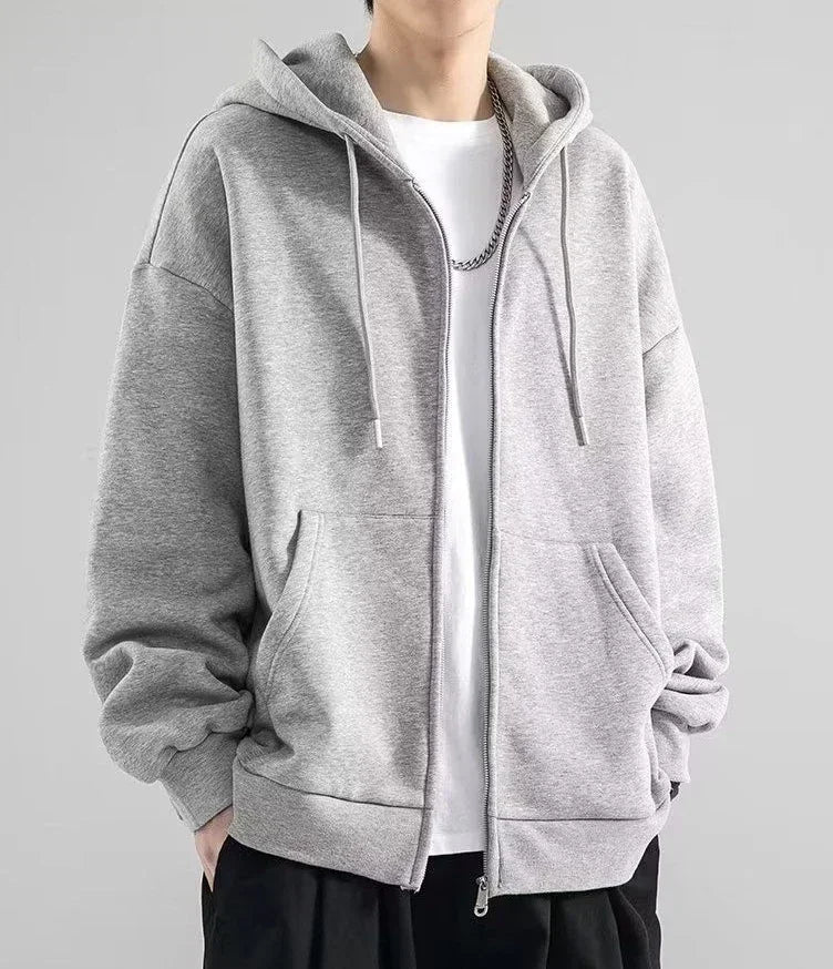 Male Clothes Black Solid Sweatshirt For Men Full Zip Up Hooded Hoodies Winter Young On Sale Offers High Quality Korean Style S