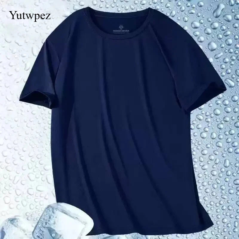 Ice Silk Men T Shirt Short Sleeve Round Neck Breathable Thin Sport Running Quick Drying Tees Soft Elasticity Outdoor 5XL Summer