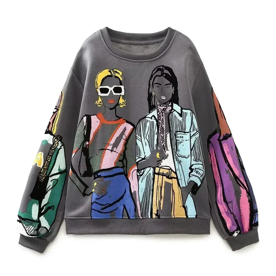 Sivatu TRAF Women Sweatshirts 2026 New Fashion Beauty Girls Print Casual Sweatshirts Female O Neck Hoodies Chic Pullovers Tops