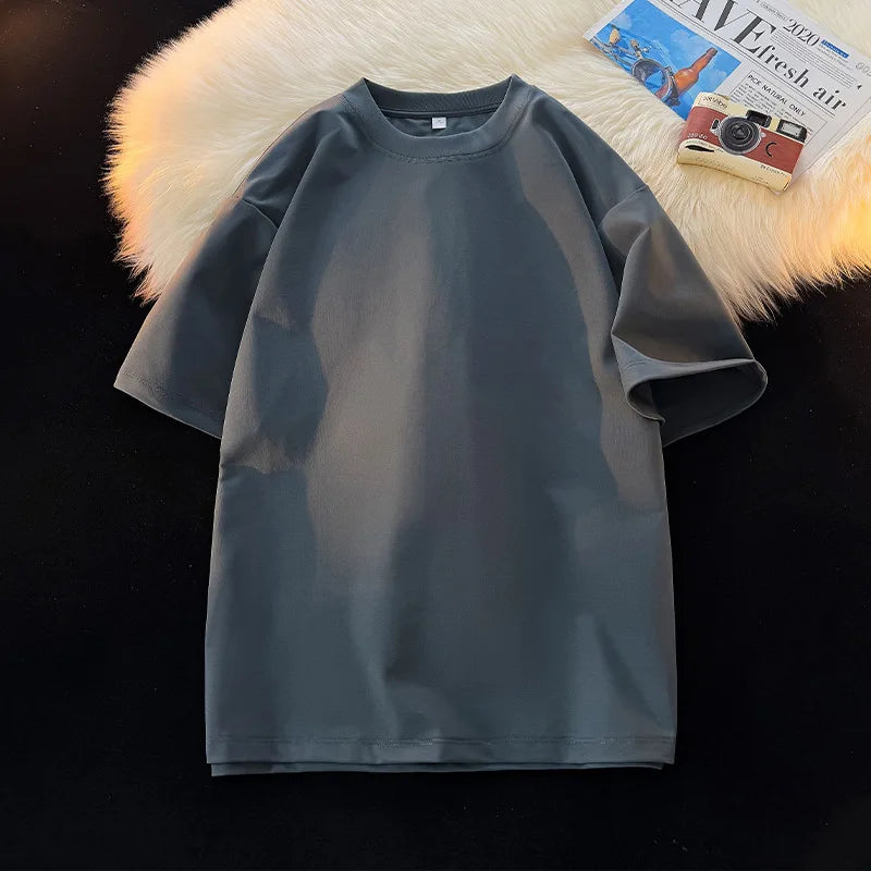 2026 New Unisex 200g Heavy Cotton T Shirt Full Shoulder Short Sleeve Loose Couple Summer Half Sleeve Basic Casual Streetwear Tee