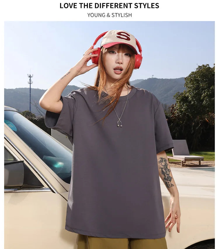 2026 New Unisex 200g Heavy Cotton T Shirt Full Shoulder Short Sleeve Loose Couple Summer Half Sleeve Basic Casual Streetwear Tee