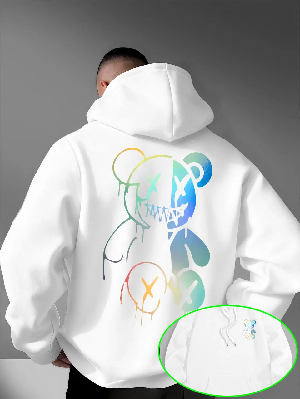 Loose Oversized Men Hoodies Holographic Split Evil Bear Front Back Dual Print Pullover Sweatshirt Dark Street Daily Hooded Tops