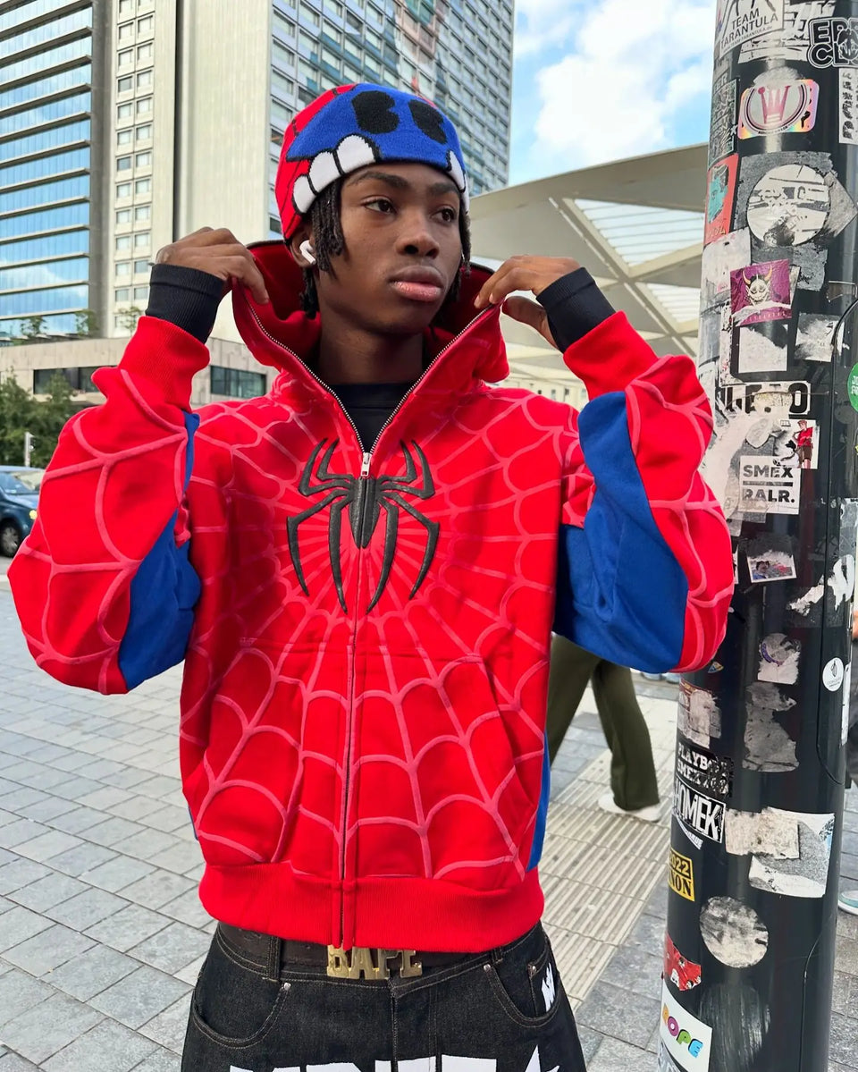 American Retro Spider Patchwork Print Hoodies Fashion Oversized Loose Full Zipper Hoodie Men Jacket Gothic Y2k Street Sweatshirt