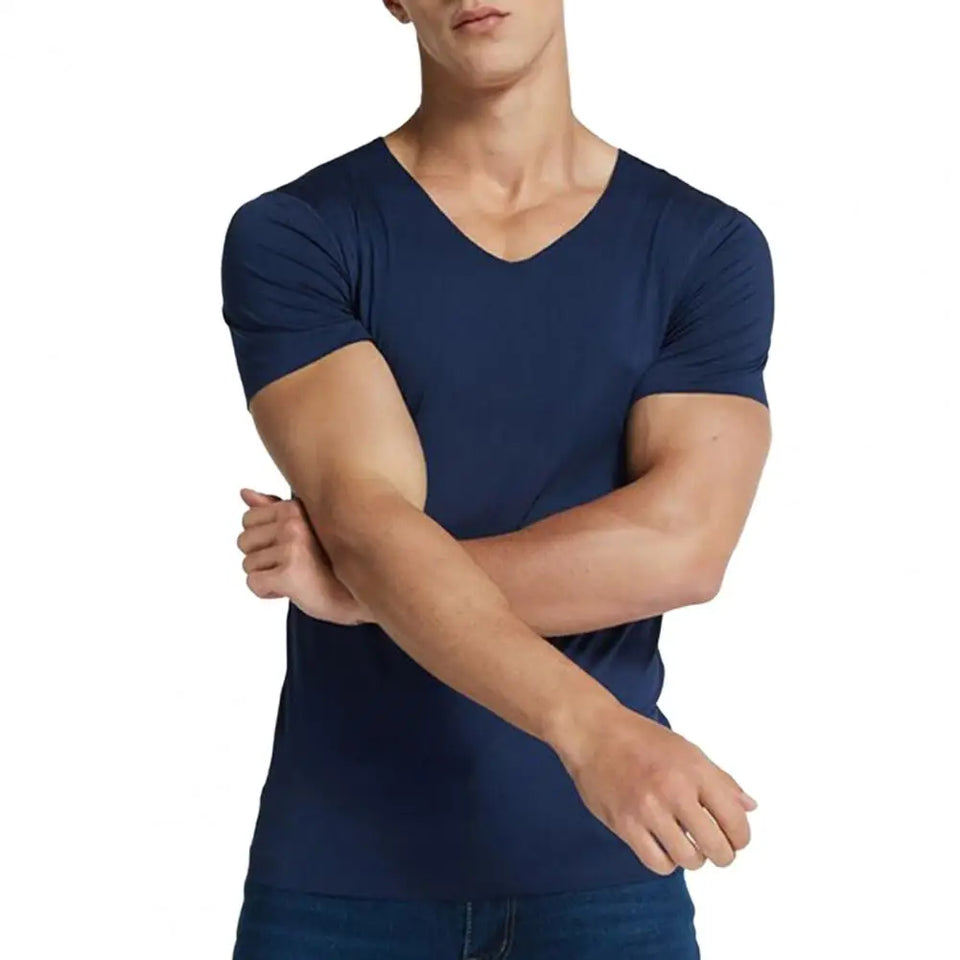 Men's Ice Silk T-Shirts Casual Short Sleeve Sports Tee Summer Breathable Moisture V-Neck Undershirt Top