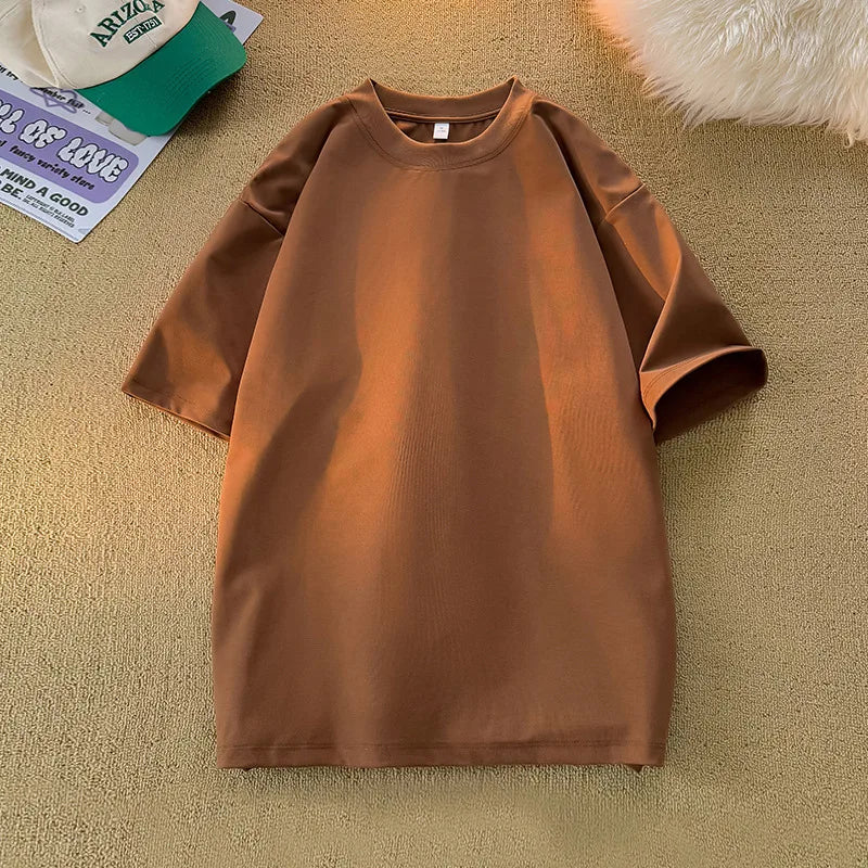 2026 New Unisex 200g Heavy Cotton T Shirt Full Shoulder Short Sleeve Loose Couple Summer Half Sleeve Basic Casual Streetwear Tee