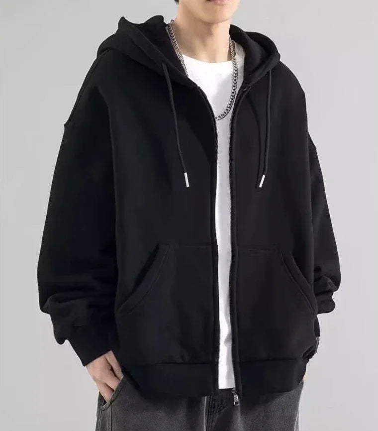 Male Clothes Black Solid Sweatshirt For Men Full Zip Up Hooded Hoodies Winter Young On Sale Offers High Quality Korean Style S