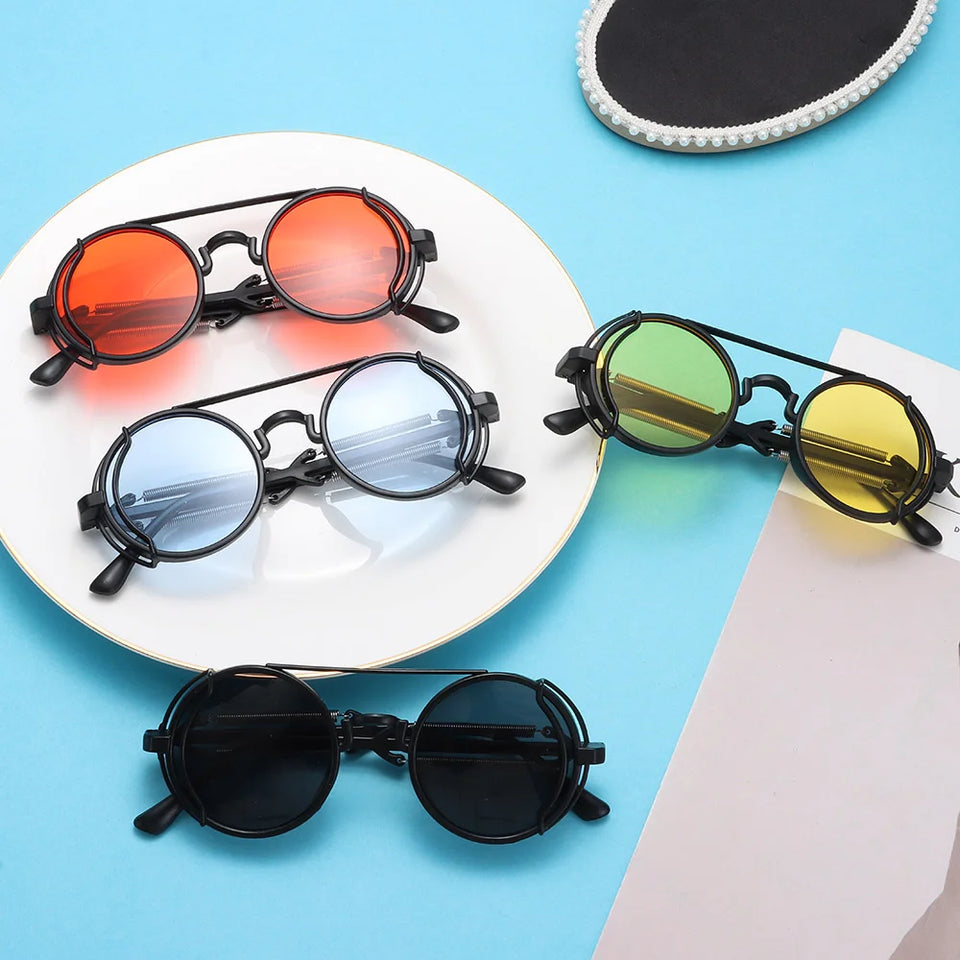 KLASSNUM 2024 Gothic Steam Punk Sunglasses Double Spring Temples Round Sunglasses UV400 Protection Men's Eyewear Sun Glasses