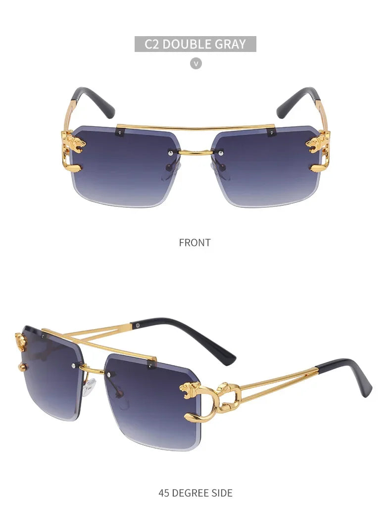 Fashion Metal Leopard Rimless Sunglasses Double Bridges Gradient Ocean Film Shades Glasses UV400 Eyewear