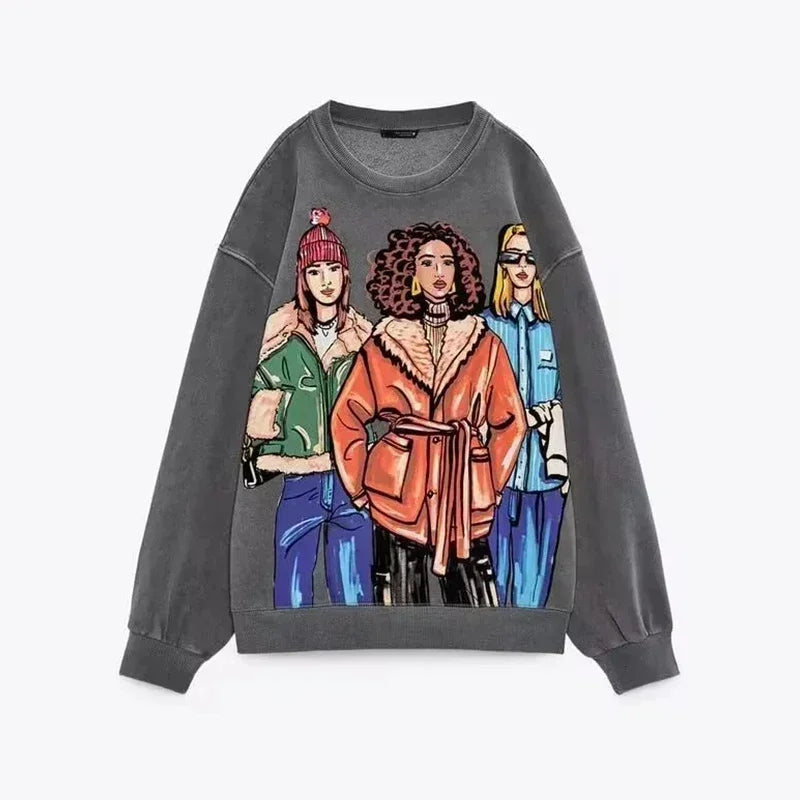 Sivatu TRAF Women Sweatshirts 2026 New Fashion Beauty Girls Print Casual Sweatshirts Female O Neck Hoodies Chic Pullovers Tops