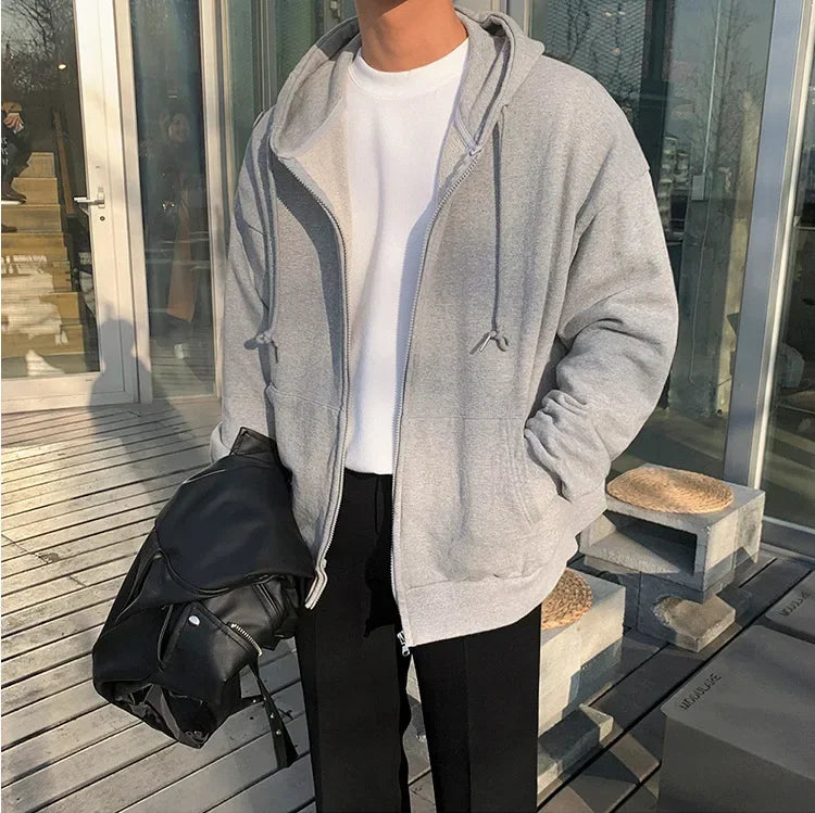 High Street Hoodie Men Retro Zip Long Sleeve Loose Black White Coats Harajuku Casual Gothic Hooded Sweatshirt Y2K Streetwear