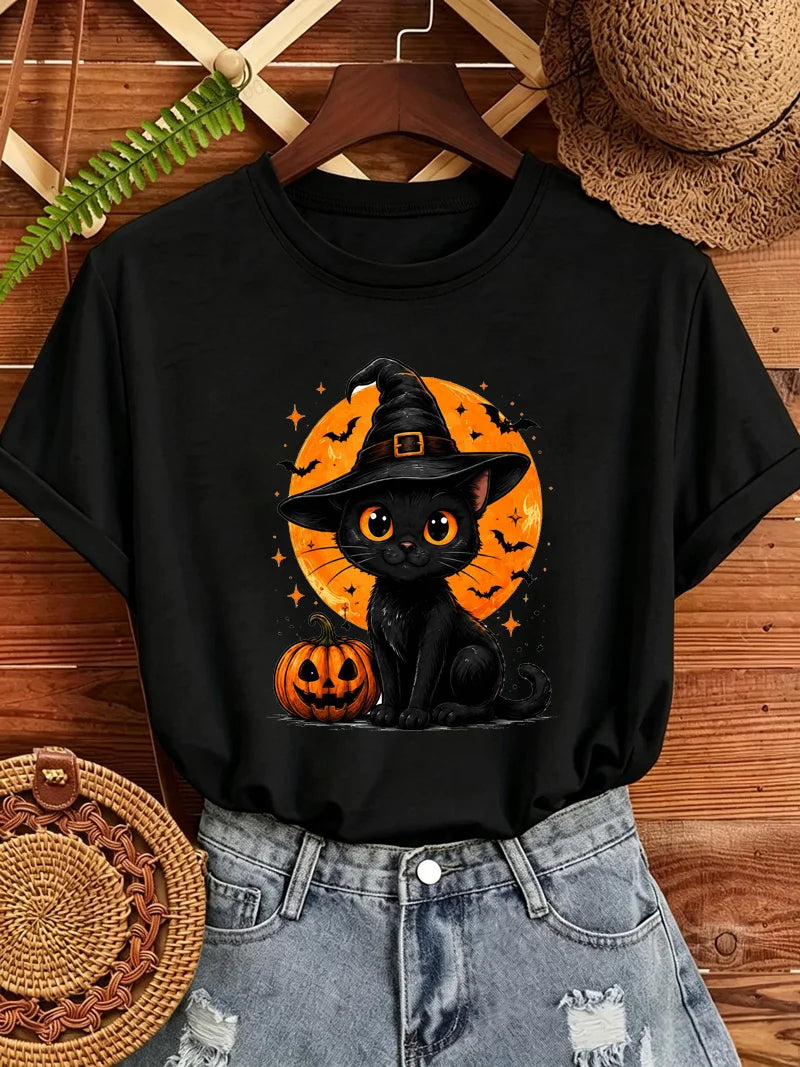 Women's Halloween Cat-Print T-Shirt