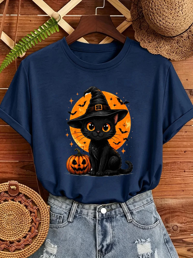 Women's Halloween Cat-Print T-Shirt