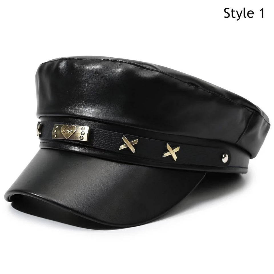 British Style Berets Visor Pu Leather Flat Top Hat Retro Black Painter Hat Classic Versatile Adjustable Beret Casual Sun Hats