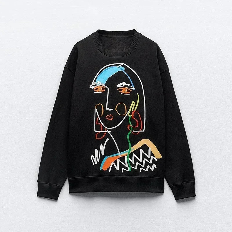 Sivatu TRAF Women Sweatshirts 2026 New Fashion Beauty Girls Print Casual Sweatshirts Female O Neck Hoodies Chic Pullovers Tops