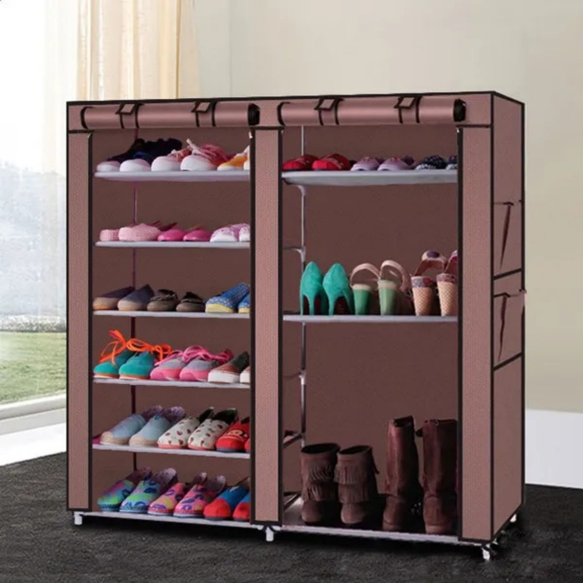 Brown double-row shoe storage rack