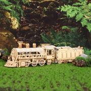 Wooden mechanical train puzzle kit with locomotive and tender