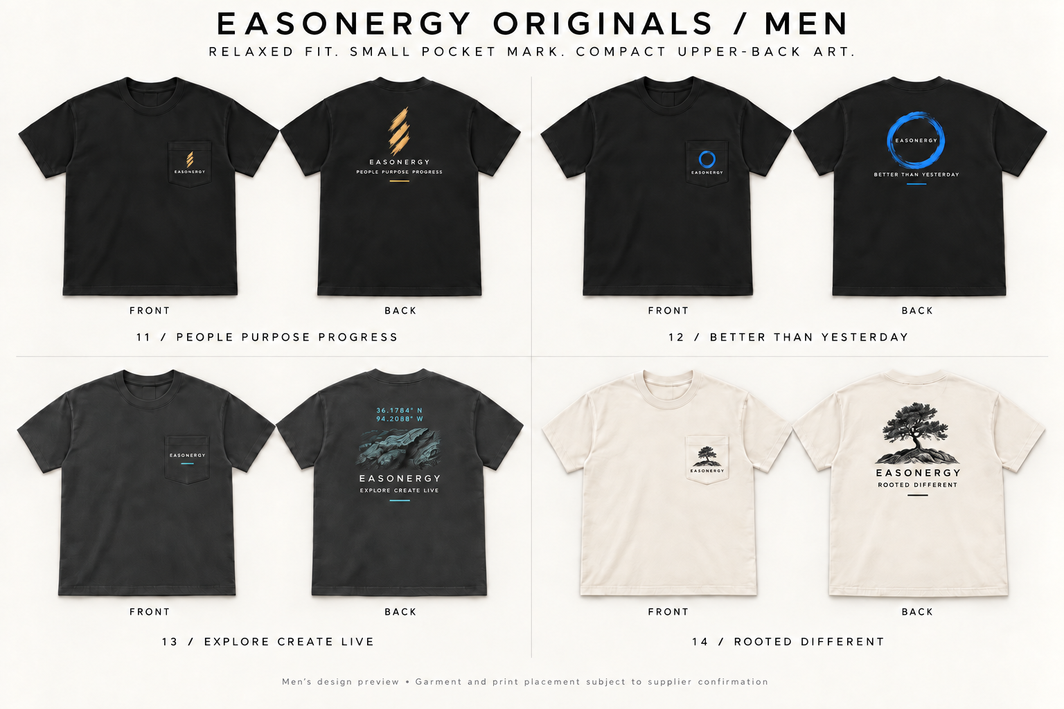 Four relaxed, boxy Main & More men’s shirt concepts shown from the front and back: People Purpose Progress, Better Than Yesterday, Explore Create Live, and Rooted Different. Small marks sit on the left breast pocket; compact artwork sits high on the back.